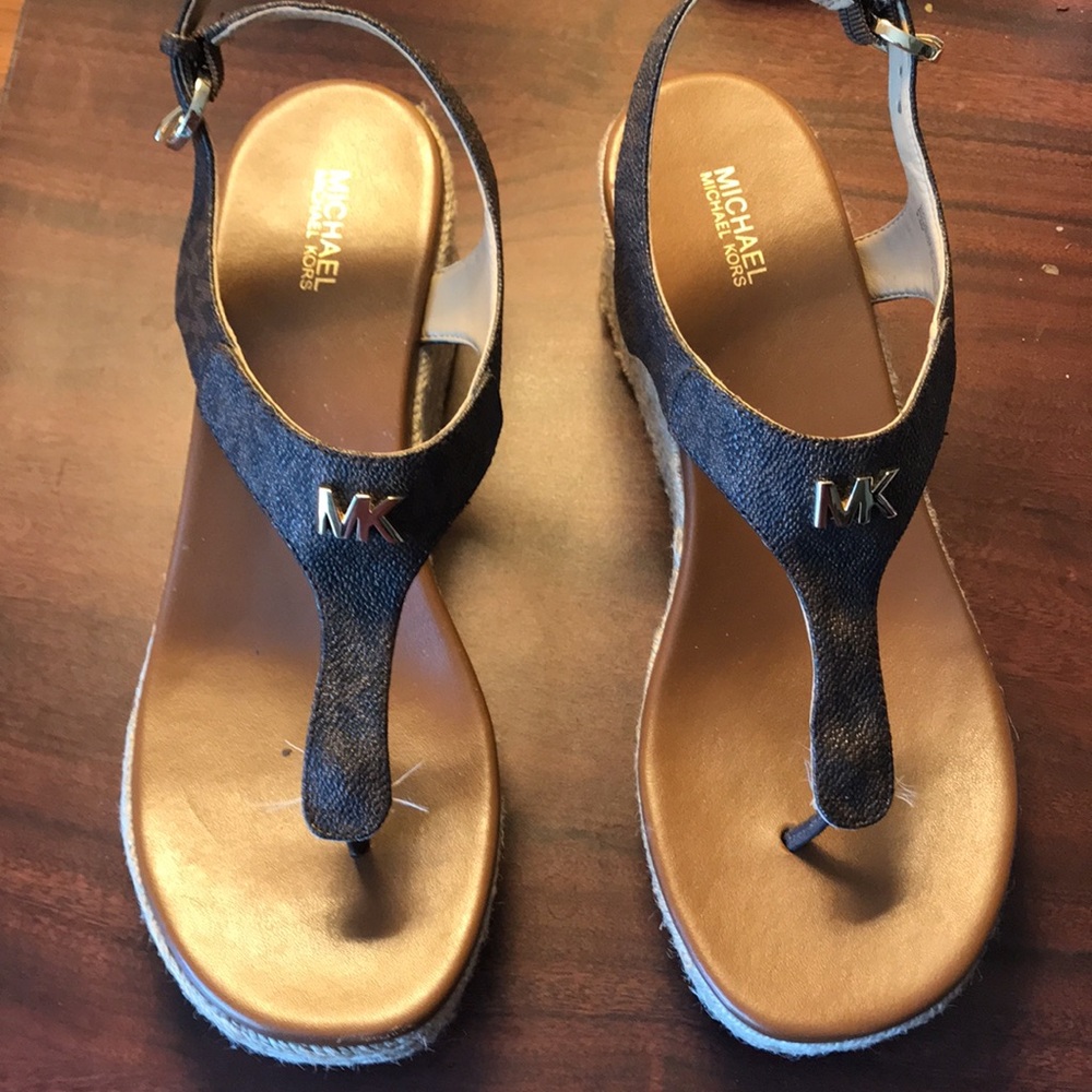 Michael Kors Brown Leather T-Strap Espadrille Sandals